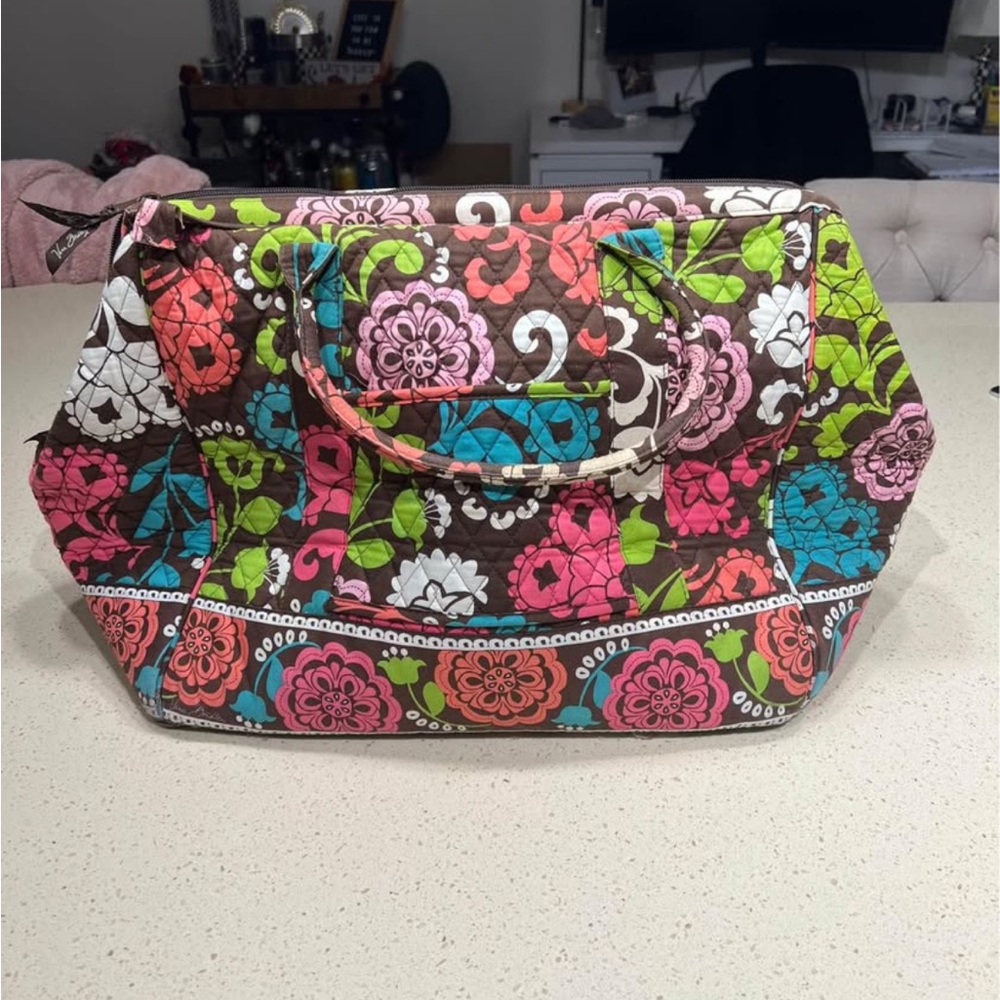 Vera Bradley Brown, Pink and Green Travel Bag with Quilted Floral Design